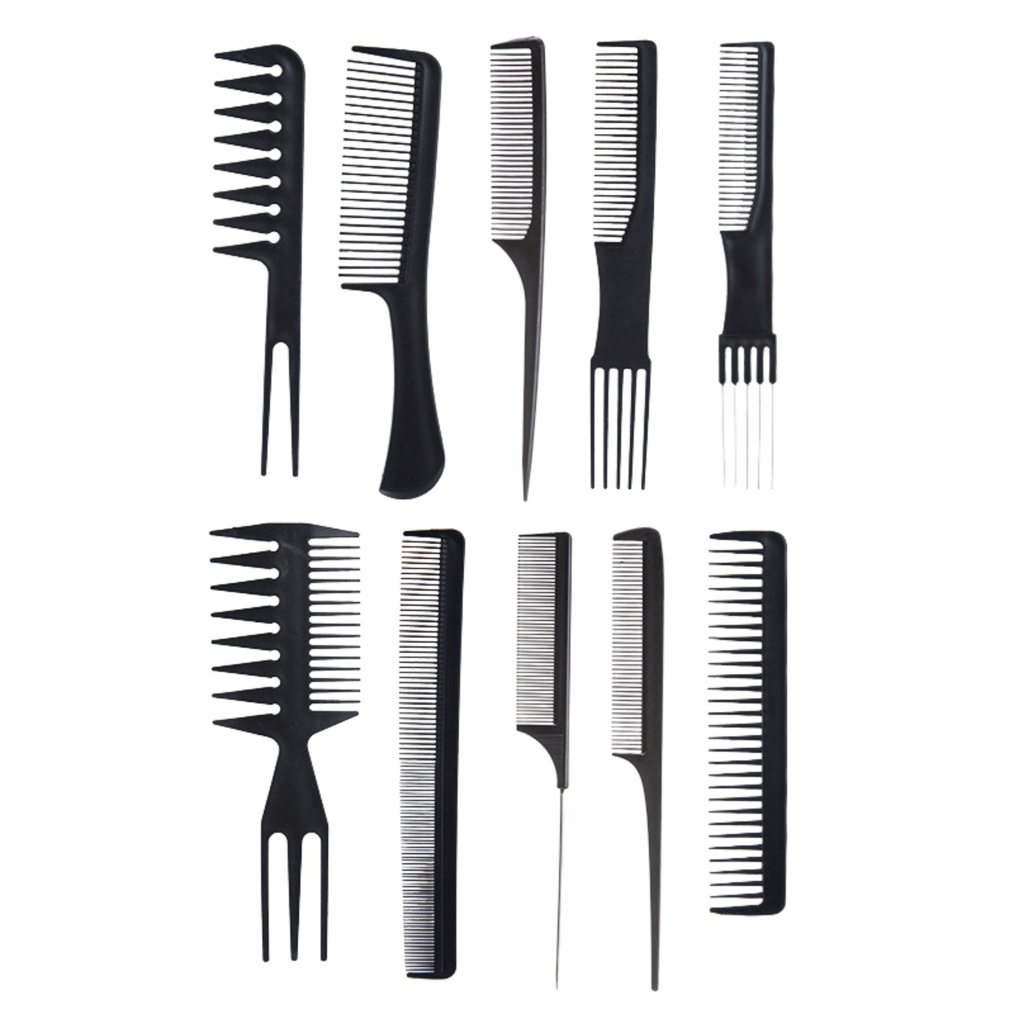 Set piepteni profesionali pentru coafat, Flippy, 10 bucati, PP + Otel inoxidabil, 18,5–22 cm, Rezistenti la caldura, Negru