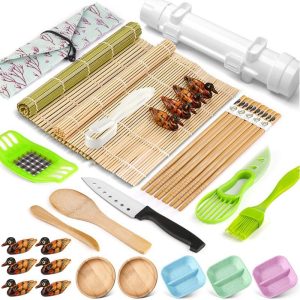 Set Ustensile pentru Sushi, Flippy, Set din 31 Accesorii pentru Sushi, Set pentru Sushi HOME MADE, Cutit Inclus, Forme, Betisoare, Multicolor