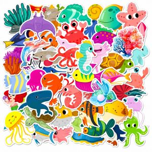 50 Sheets Marine Life Stickers, Aquarium Cute Cartoon Kids Toy Stickers with Underwater Dolphins and Sharks