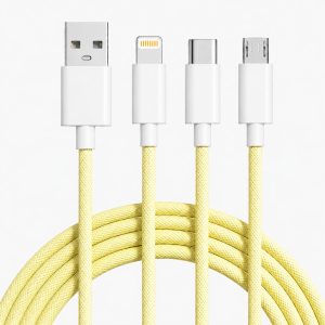 Cablu Incarcare Rapida 3 in 1, Flippy, 66W, 6A, Conectori Lightning, Type-C, Micro USB, Textil Impletit, 1.2 m, Galben