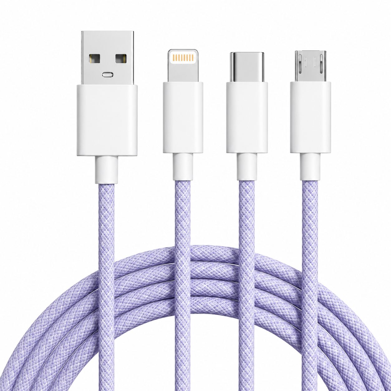 Cablu Incarcare Rapida 3 in 1, Flippy, 66W, 6A, Conectori Lightning, Type-C, Micro USB, Textil Impletit, 1.2 m, Mov
