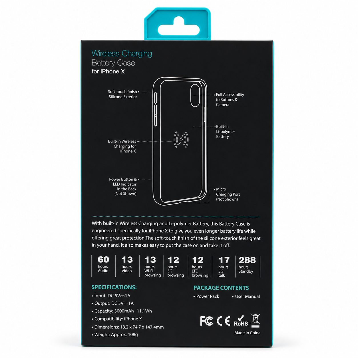 Acumulator extern iFans Battery Case 3000 mAh Wireless pentru Apple iPhone X, Negru