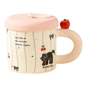 Cana din Ceramica cu Capac si Pai, Flippy, Capacul si Paiul din Silicon Roz, 9x8.5 cm, Model Cute A, Capacitate 380ml