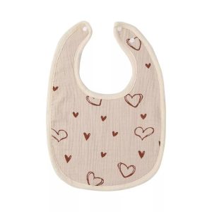 Baveta in Forma de U, Flippy, din Bumbac, pentru Copii 0-12 Luni, Rezistenta la Apa, cu Capse, Model cu Inimoare,  21x30 cm, Bej