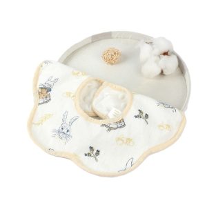 Baveta Tip Floare, Flippy, din Bumbac, pentru Copii 0-12 Luni, Rezistenta la apa, cu Capse, Model cu Iepurasi, 26 x 29 cm, Alb