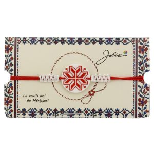Martisor Traditional Bratara Norocoasa, Jolie, Model Rotund cu Port Traditional, Bratara Martisor pentru Copii, din Plastic/Textil, Snur Alb/Rosu
