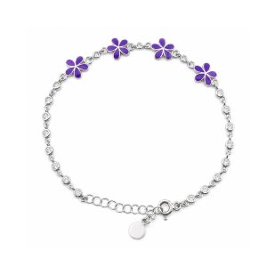 Brățară pentru Copii din Argint 925, Jolie Silver, Model Flori, cu Email Mov și Pietre de Zirconiu, Lungime 21 cm, 4.5 g, Argintiu
