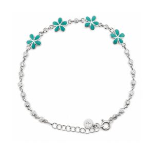 Brățară pentru Copii din Argint 925, Jolie Silver, Model Flori, cu Email Verde Deschis și Pietre de Zirconiu, Lungime 21 cm, 4.5 g, Argintiu