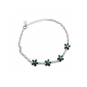 Brățară pentru Copii din Argint 925, Jolie Silver, Model Flori, cu Email Verde Închis și Pietre de Zirconiu, Lungime 21 cm, 4.5 g, Argintiu