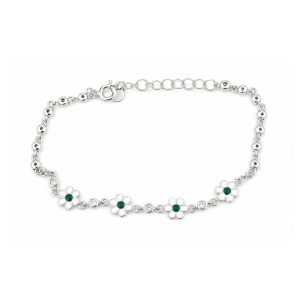 Bratara pentru Copii, Jolie, Argint 925, Model Floare cu Piatra, cu Email si Zirconiu, 21 cm/4.5g Argintiu/Verde