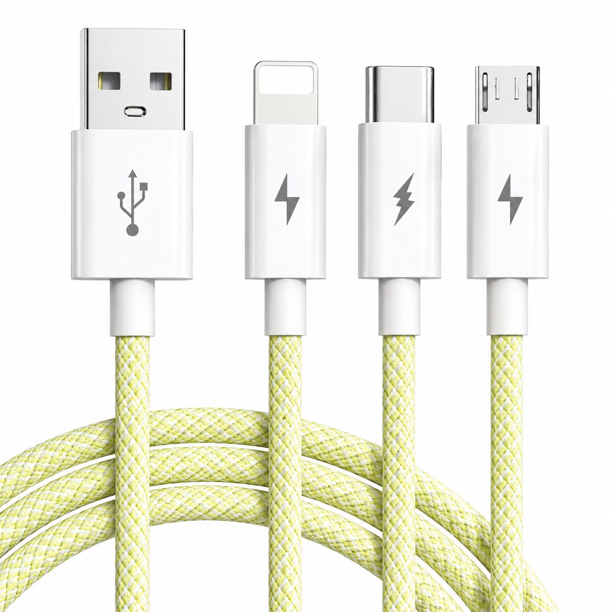 Cablu USB 3 in 1, Flippy, 100W, Compatibil Android si iPhone, Incarcare si Transfer Date, Textil Impletit, Galben