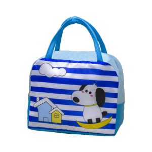 Geanta Termoizolanta pentru Copii, Flippy, 23x13x19 cm, Model Imprimeu Catel, din Folie de Aluminiu si Panza Oxford, Albastru/Alb