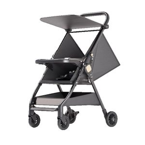 Carut Pliabil, Flippy, Usor, Compatibil cu Avionul, de Plimbat/Dormit, Parasolar, Cutie Depozitare, Tabla de Masa, 93 x 70 x 40 cm, Negru