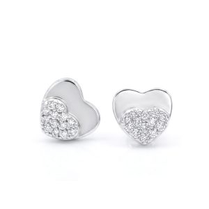 Cercei Tip Stud din Argint 925, Jolie Silver, Model Inimă Dublă cu Zirconii Albe, Finisaj Lucios, 1,2 g, Argintiu