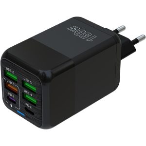 Incarcator Multifunctional, Flippy®, 6 Porturi (2 x PD Type C + 4 USB), 150 W, 5V, 2.4A, Incarcare Rapida, 4.4 x 4.4 x 11 cm, Negru