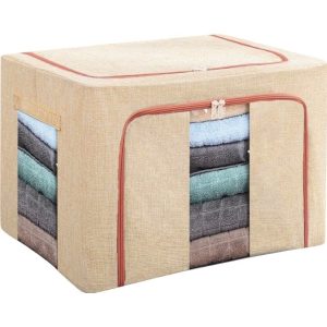 Cutie de Depozitare Pliabila, Flippy, 100 L, din Bumbac si In, 60x42x40 cm, Fereastra Frontala, 2 Usi de Acces cu Fermoar Bidirectional, Cadru Metalic, Suport Baza Stabil din Plastic, Roz Pudrat