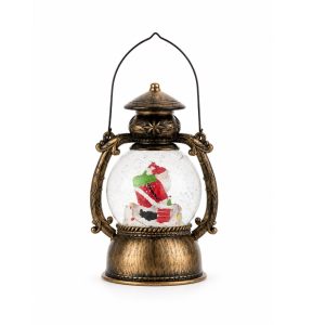Decoratiune Craciun, Tip Felinar, Figurine Mos Craciun pe Cos, 3 Moduri, Functie Muzicala, Zapada in Miscare, Functioneaza Cu Baterii ( 3 x AA neincluse), Cablu USB (Inclus), Model Vintage Negru - Auriu, 14 x 11 x 20.5 cm, Alb Cald