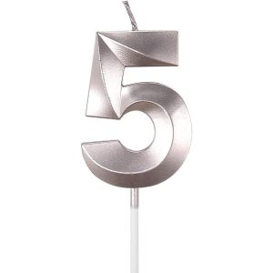 Lumanare Cifra 5, Flippy, Model Diamond, 5 x 3.4 cm, Argintiu
