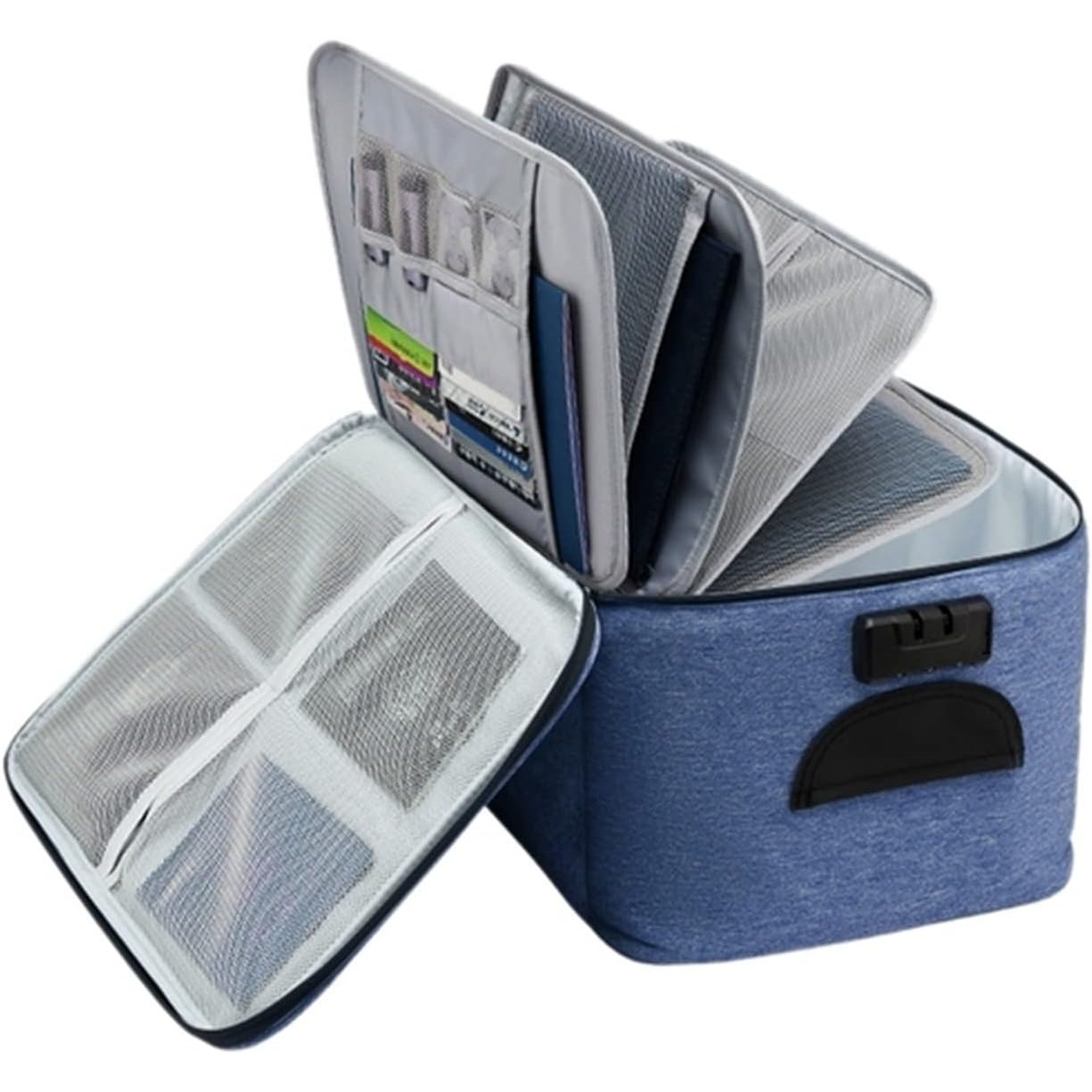 Geanta Flippy pentru Depozitare Acte si Documente, Facturi, Carduri, cu Cod de Securitate, 5 Compartimente, Impermeabila, 37 x 20 x 27 cm, Albastru