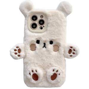 Husa de Protectie, Flippy, pentru Apple iPhone 15 Pro, Model Ursulet Pufos cu Urechi, Maini si Picioare, Antisoc, Rezistenta la Impact, Protectie Camera, Alb