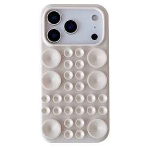 Husa cu Ventuze, Flippy, Compatibila iPhone 17, din Silicon, Interior Microfibra, Crem
