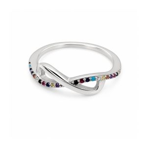 Inel din Argint 925, Model Infinit Mare, Design Conturat cu Linie Suprapusa si Zirconii Colorate, Marime 59, Argintiu