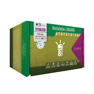 Instalatie Craciun Profesionala de Exterior IP65, 111 m, 1110 Led-uri Mari ,Liniara, Alb rece, Interconectabila, Prelungitor 6.5 m inclus, Fir Negru, Flippy