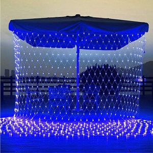 Instalatie Craciun, Tip Plasa, IP 44, 2 x 1 m, 80 LED-uri, Albastru, 8 jocuri de lumini, Transformator fara telecomanda, Interconectabila, Prelungitor 3 m inclus, Fir transparent, Flippy