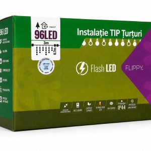 Instalatie de Craciun Flippy® Tip Turturi, Franjuri cu Flash, Sectiune 3 m, 96 LED-uri, Interconectabila, Fir Alb, Alb Rece
