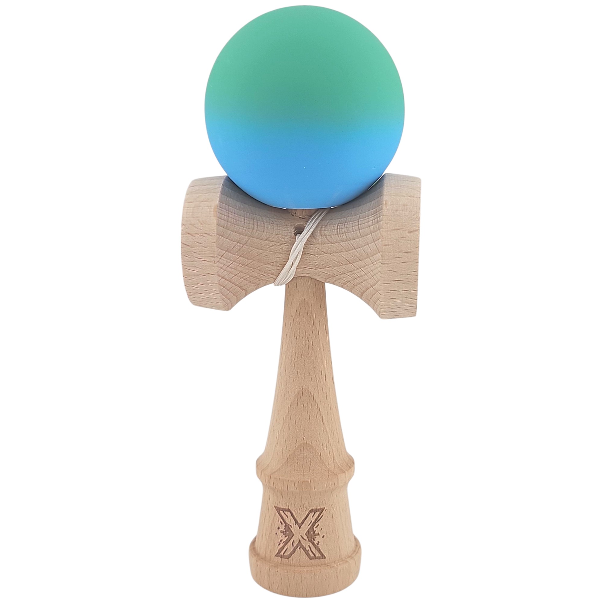 Kendama X Originala, Profesionala, Flippy, din Lemn, Rubber Grip, 18 cm, Verde/Albastru