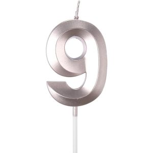 Lumanare Cifra 9, Flippy, Model Diamond, 5 x 3.4 cm, Argintiu