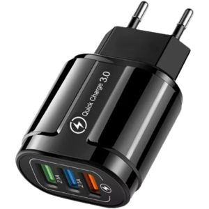 Incarcator Rapid QC3.0, Flippy, 3 Porturi USB, 2.1A, 18W, din ABS, Protectie Supraincalzire, Gama Macarons, Negru