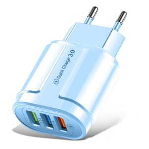 Incarcator Rapid QC3.0, Flippy, 3 Porturi USB, 2.1A, 18W, din ABS, Protectie Supraincalzire, Gama Macarons, Albastru