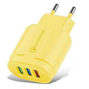 Incarcator Rapid QC3.0, Flippy, 3 Porturi USB, 2.1A, 18W, din ABS, Protectie Supraincalzire, Gama Macarons, Galben