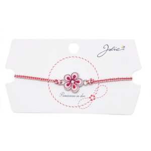 Martisor tip Bratara Traditionala cu Pandantiv, Jolie, Model Floare, Snur Impletit Alb/Rosu, Dimensiune Pandativ Aprox 2 cm, Ambalaj cu Design
