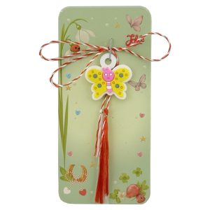 Martisor pentru Copii, Jolie, Model FLUTURE, din Cauciuc, cu Snur Impletit Alb/Rosu, Ambalaj Carton cu Design, Alb/Galben