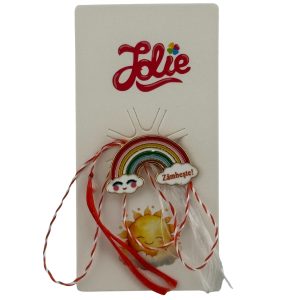 Martisor pentru copii, Jolie, Material Metal, Ambalaj Carton cu Design, Dimensiune Brosa Aproximativ 2x2 cm, Multicolor, cu Mesaj, Model Curcubeu si Norisori