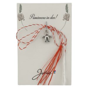 Martisor Traditional, Jolie, Model BROASCA TESTOASA, cu Snur Impletit Alb/Rosu, 8.5 x 5.5 cm. Argintiu