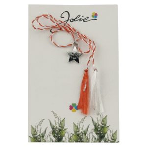 Martisor Traditional, Jolie, Model STEA, cu Snur Impletit Alb/Rosu, 8.5 x 5.5 cm, Argintiu