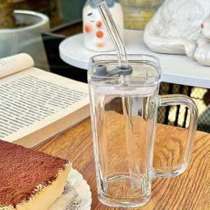 Pahar pentru Racoritoare, Flippy, din Sticla, 330 ml, cu Pai si Maner, Model Clear, Transparent
