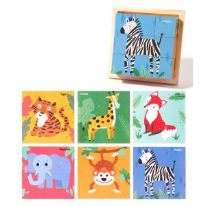 Puzzle din Lemn, Flippy, 9 Cuburi, 6 Fete, 4-6 Ani, 11 x 11 x 3.2 cm, Model Animale Salbatice, Multicolor