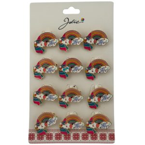 Set 12 Brose Martisor pentru Copii, Jolie, Model Unicorn Curcubeu, cu Mesaj Crede in Magia Martisorului, Multicolor