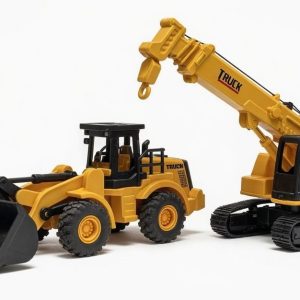 Set 2 Utilaje de Constructii cu Buldoexcavator si Macara, Jucarie Interactiva pentru Copii, Excavator si Macara cu Lumini si Sunete, Vehicule de Santier Realistic, Joaca de Constructii