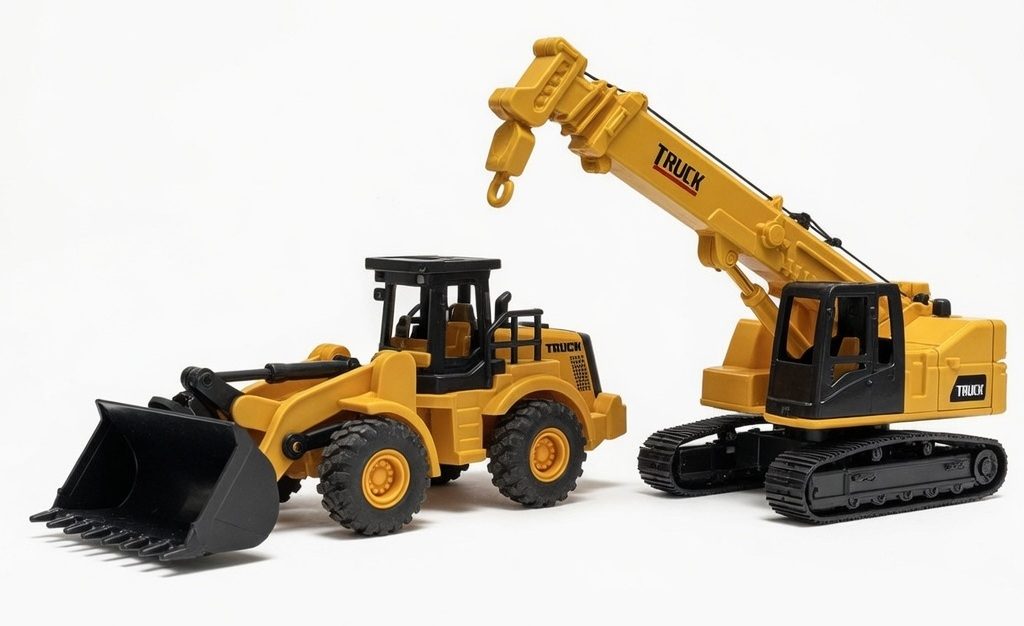 Set 2 Utilaje de Constructii cu Buldoexcavator si Macara, Jucarie Interactiva pentru Copii, Excavator si Macara cu Lumini si Sunete, Vehicule de Santier Realistic, Joaca de Constructii