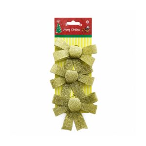 Set 3 Fundite Decorative pentru Brad de Craciun, Flippy, cu Sclipici, din Poliester, Decoratiuni Festive, 10 x 11 cm, Auriu