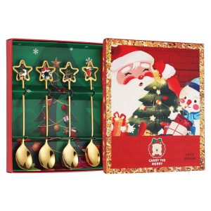 Set 4 Lingurite, Flippy, Tema Craciun, Model Carry The Merry, 4 Modele Tip Pandantiv cu Steluta, din Otel Inoxidabil, 19 x 16 x 2 cm, Multicolor