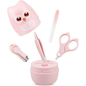 Set 4 Piese Ingrijire Unghii Bebelusi, Flippy, din ABS+Otel Inoxidabil, Cutie de Depozitare Tip Bufnita, de la 0 Luni, 11.5 x 5 x 11.5 cm, Roz
