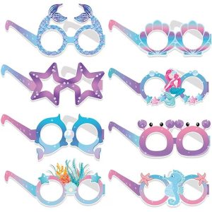 Set 8 Ochelari de Petrecere Flippy Mermaid, din Carton, Accesorii Foto pentru Copii, Albastru/Mov