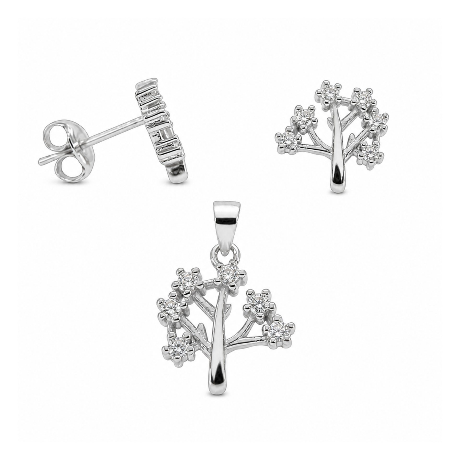 Set Bijuterii din Argint 925, Jolie Silver, Model Copac, cu Zirconii Albe, Cercei si Pandantiv, Design Elegant, Finisaj Lucios, 2.3 g, Argintiu