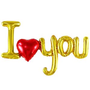 Set Baloane Folie Metalizata, Flippy, Model I LOVE YOU cu Inimioara, 54x97 cm, Tematica Ziua Îndrăgostiților, Ambalaj Individual, Pai Inclus, Umflare cu Aer sau Heliu, Auriu